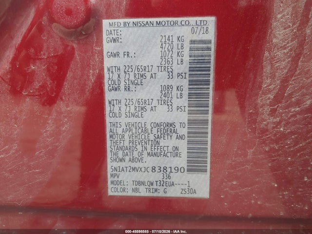 Продажа на аукционе авто 2018 Nissan Rogue Sv, vin: 5N1AT2MVXJC838190, номер лота: 45598585