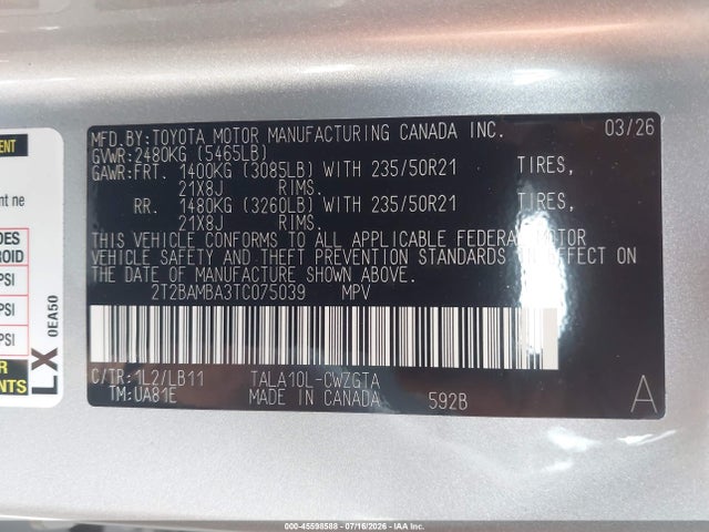 Auction sale of the 2026 Lexus Rx 350 Premium+, vin: 2T2BAMBA3TC075039, lot number: 45598588