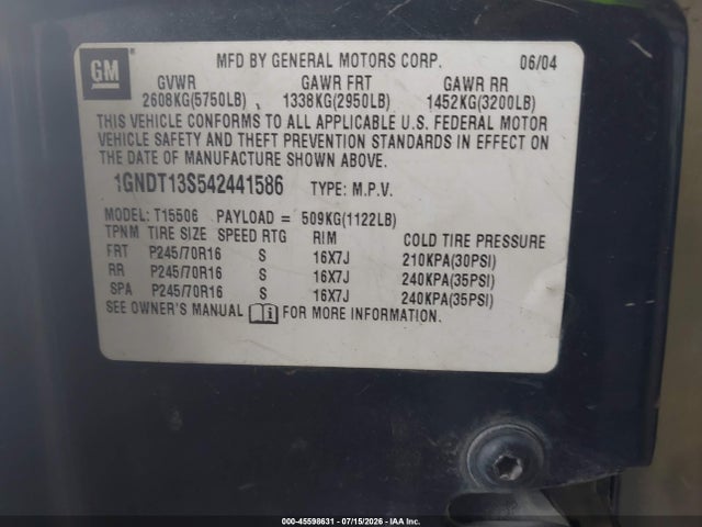 Aukcja sprzedaży 2004 Chevrolet Trailblazer Ls, vin: 1GNDT13S542441586, numer aukcji: 45598631