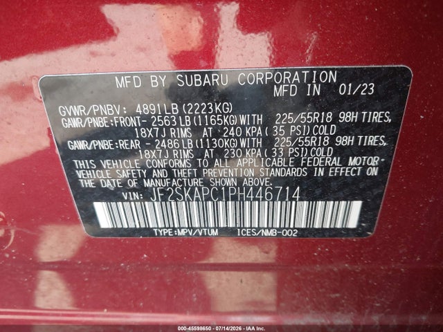 45598650 :رقم المزاد ، JF2SKAPC1PH446714 vin ، 2023 Subaru Forester Limited مزاد بيع