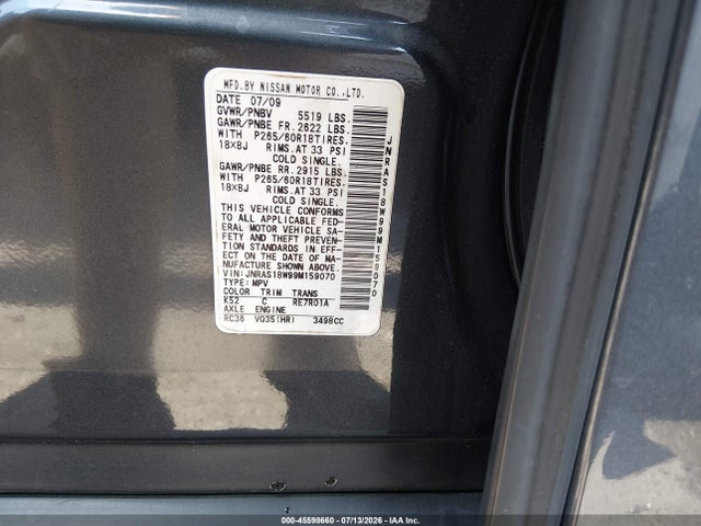 2009 Infiniti Fx35 მანქანა იყიდება აუქციონზე, vin: JNRAS18W99M159070, აუქციონის ნომერი: 45598660