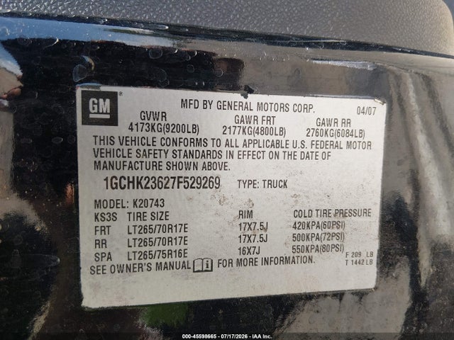 Aukcja sprzedaży 2007 Chevrolet Silverado 2500hd Ltz, vin: 1GCHK23627F529269, numer aukcji: 45598665