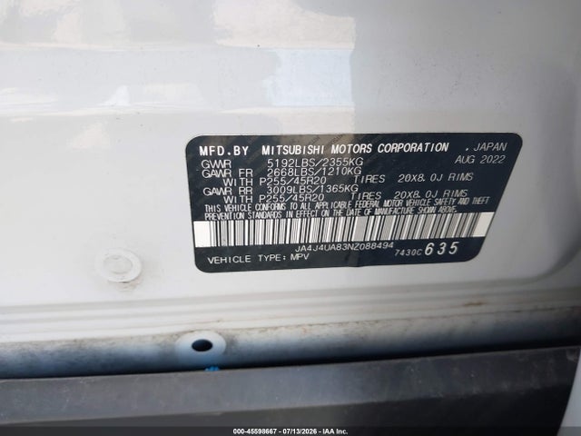 45598667 :رقم المزاد ، JA4J4UA83NZ088494 vin ، 2022 Mitsubishi Outlander Black Edition S-awc/se 2.5 S-awc/se Launch Edition S-awc مزاد بيع