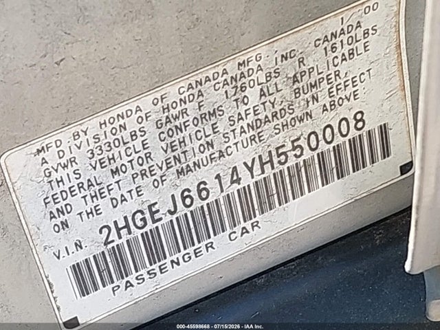 2000 Honda Civic Value Package მანქანა იყიდება აუქციონზე, vin: 2HGEJ6614YH550008, აუქციონის ნომერი: 45598668