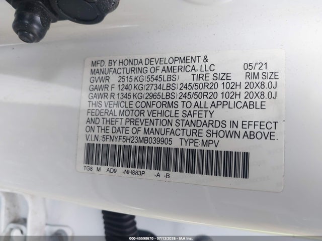 Продажа на аукционе авто 2021 Honda Pilot 2wd Special Edition, vin: 5FNYF5H23MB039905, номер лота: 45598670