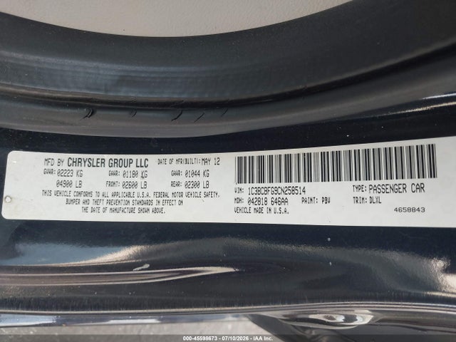 45598673 :رقم المزاد ، 1C3BCBFG9CN258514 vin ، 2012 Chrysler 200 Limited مزاد بيع