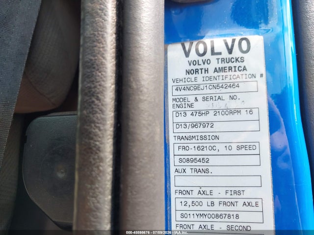 Aukcja sprzedaży 2012 Volvo Vn Vnl, vin: 4V4NC9EJ1CN542464, numer aukcji: 45598676