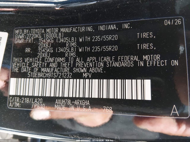 2026 Toyota Highlander Hybrid Platinum მანქანა იყიდება აუქციონზე, vin: 5TDEBRCH9TS721232, აუქციონის ნომერი: 45598682
