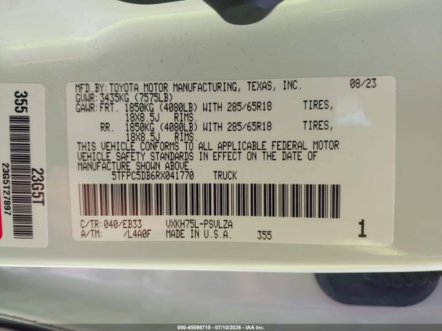 Продаж на аукціоні авто 2024 Toyota Tundra Hybrid Trd Pro 4wd, vin: 5TFPC5DB6RX041770, номер лоту: 45598710