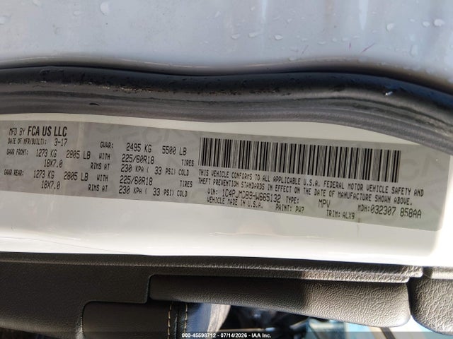 2017 Jeep Cherokee Limited მანქანა იყიდება აუქციონზე, vin: 1C4PJMDB9HW665132, აუქციონის ნომერი: 45598712