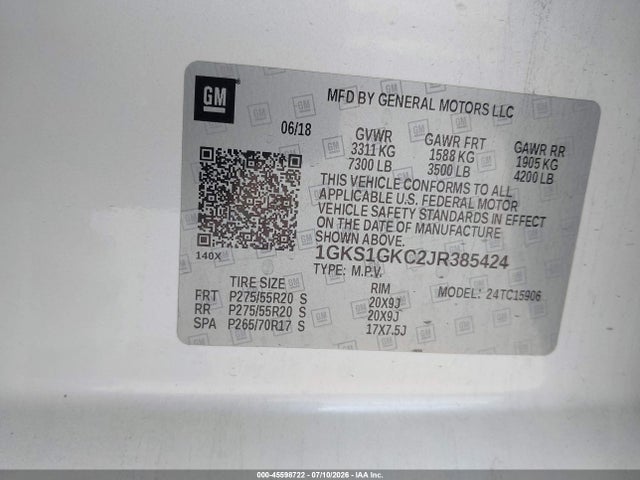45598722 :رقم المزاد ، 1GKS1GKC2JR385424 vin ، 2018 Gmc Yukon Xl Slt مزاد بيع
