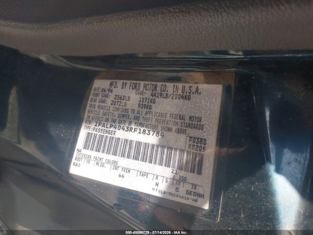 1994 Ford Mustang მანქანა იყიდება აუქციონზე, vin: 1FALP4043RF183784, აუქციონის ნომერი: 45598729