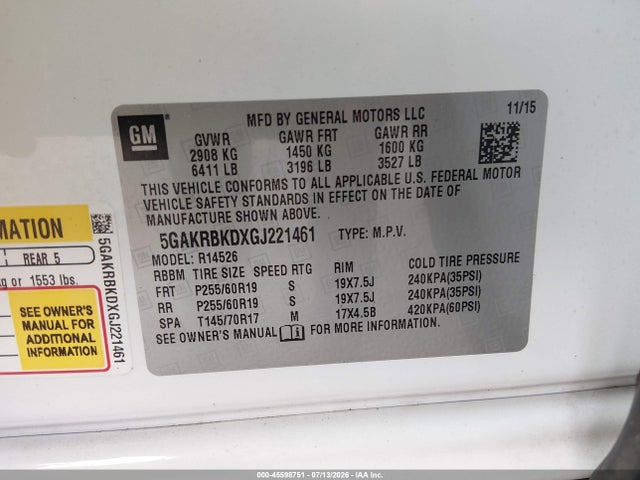 Aukcja sprzedaży 2016 Buick Enclave Leather, vin: 5GAKRBKDXGJ221461, numer aukcji: 45598751