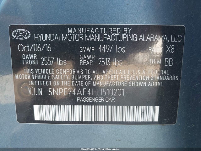 Auction sale of the 2017 Hyundai Sonata Se, vin: 5NPE24AF4HH510201, lot number: 45598775