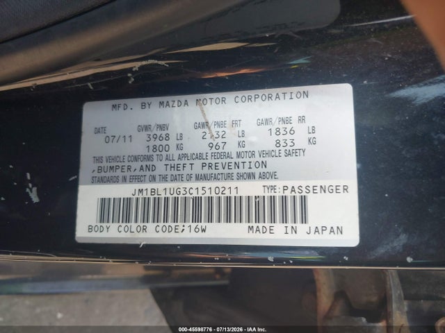 Aukcja sprzedaży 2012 Mazda Mazda3 I Sport, vin: JM1BL1UG3C1510211, numer aukcji: 45598776