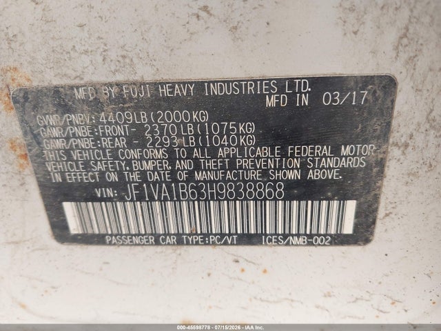 Aukcja sprzedaży 2017 Subaru Wrx, vin: JF1VA1B63H9838868, numer aukcji: 45598778