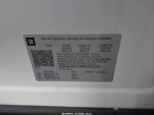 45598781 :رقم المزاد ، 2GNAXXEV4M6151313 vin ، 2021 Chevrolet Equinox Awd Premier مزاد بيع