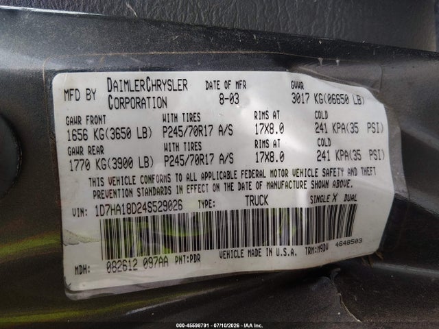 Продажа на аукционе авто 2004 Dodge Ram 1500 Slt/laramie, vin: 1D7HA18D24S529026, номер лота: 45598791