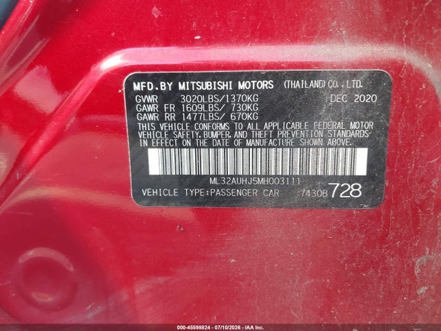 Aukcja sprzedaży 2021 Mitsubishi Mirage Carbonite Edition/es/le, vin: ML32AUHJ5MH003111, numer aukcji: 45598824
