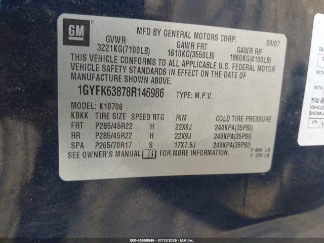 Aukcja sprzedaży 2008 Cadillac Escalade, vin: 1GYFK63878R146986, numer aukcji: 45598846