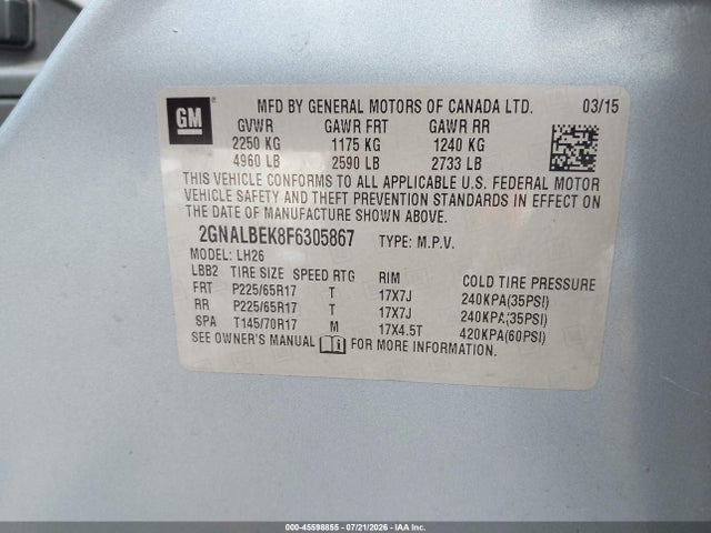 Chevrolet EQUINOX LT 2015 2GNALBEK8F6305867 Image 9