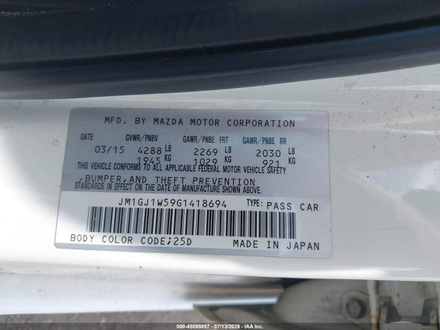 Aukcja sprzedaży 2016 Mazda Mazda6 I Grand Touring, vin: JM1GJ1W59G1418694, numer aukcji: 45598857