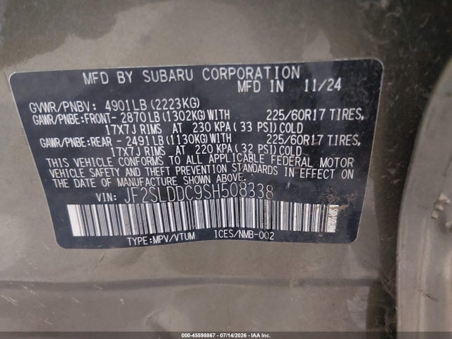 Продажа на аукционе авто 2025 Subaru Forester Premium, vin: JF2SLDDC9SH508338, номер лота: 45598867