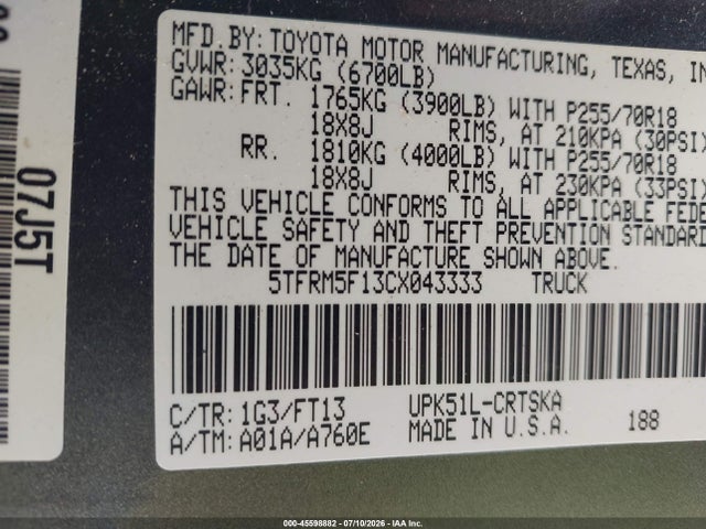 Aukcja sprzedaży 2012 Toyota Tundra Grade 4.6l V8, vin: 5TFRM5F13CX043333, numer aukcji: 45598882