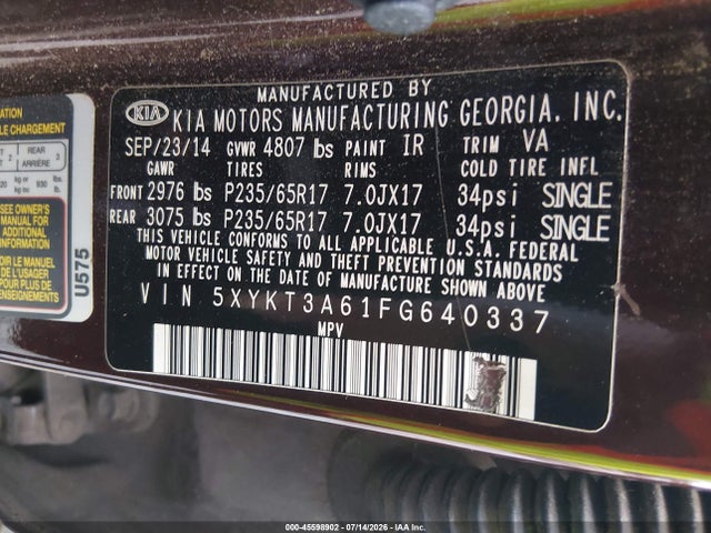 KIA SORENTO LX 2015 5XYKT3A61FG640337 Image 9