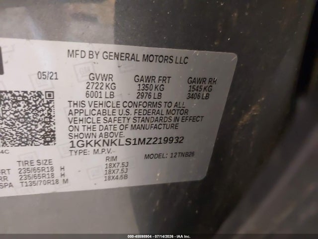 45598904 :رقم المزاد ، 1GKKNKLS1MZ219932 vin ، 2021 Gmc Acadia Fwd Sle مزاد بيع