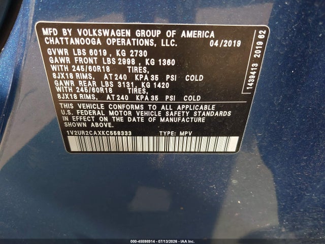 Aukcja sprzedaży 2019 Volkswagen Atlas 3.6l V6 Se W/technology, vin: 1V2UR2CAXKC558333, numer aukcji: 45598914