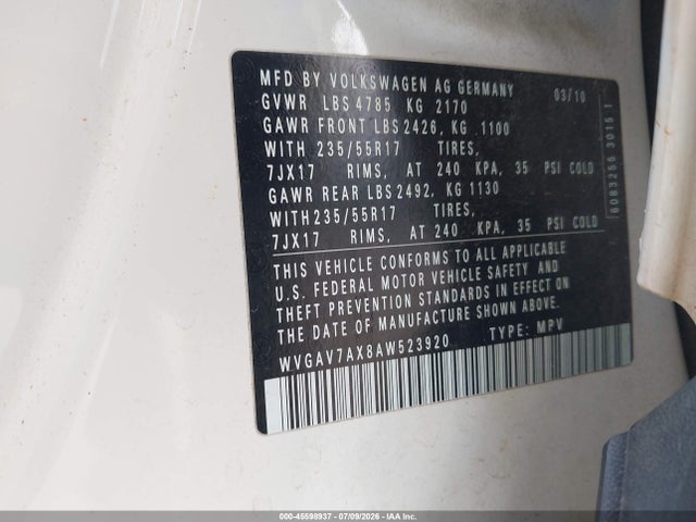 Продаж на аукціоні авто 2010 Volkswagen Tiguan Wolfsburg Edition, vin: WVGAV7AX8AW523920, номер лоту: 45598937