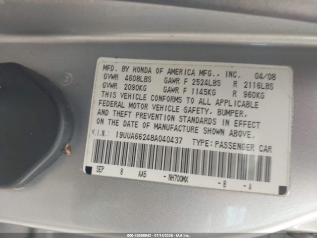 Aukcja sprzedaży 2008 Acura Tl 3.2, vin: 19UUA66248A040437, numer aukcji: 45598942