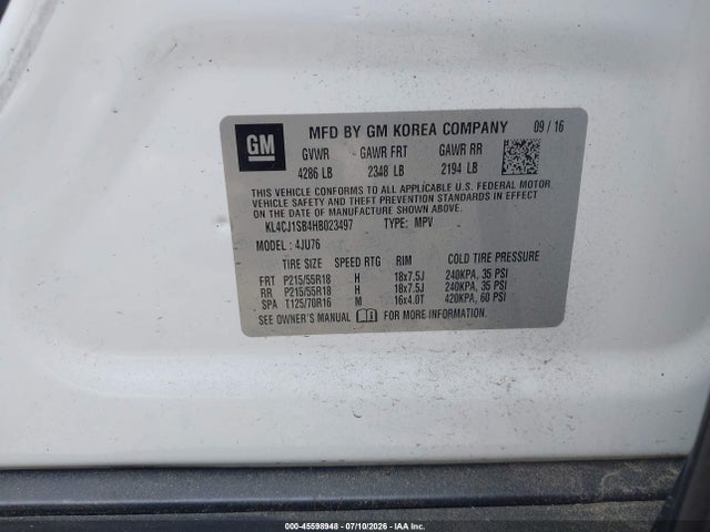 Продаж на аукціоні авто 2017 Buick Encore Sport Touring, vin: KL4CJ1SB4HB023497, номер лоту: 45598948