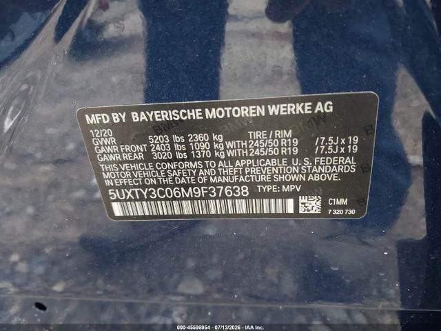 BMW X3 Sdrive30i 2021 5UXTY3C06M9F37638 Image 9