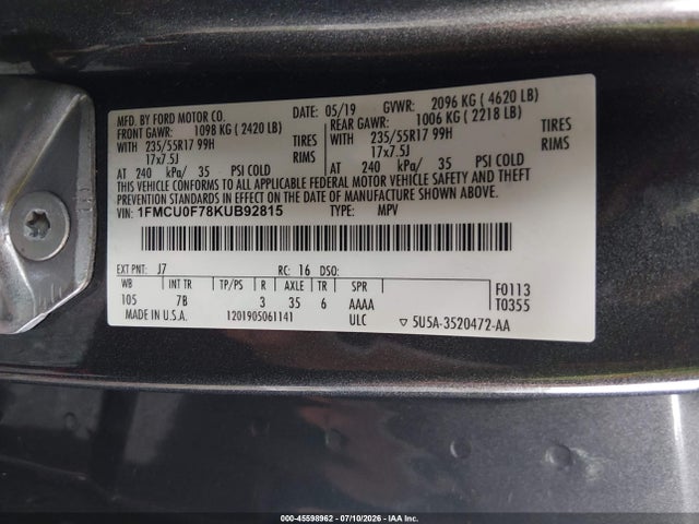 Auction sale of the 2019 Ford Escape S, vin: 1FMCU0F78KUB92815, lot number: 45598962