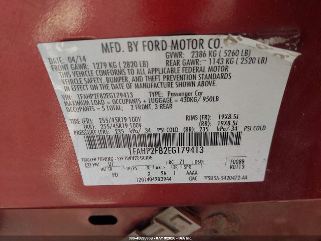 Продаж на аукціоні авто 2014 Ford Taurus Limited, vin: 1FAHP2F82EG179413, номер лоту: 45598969