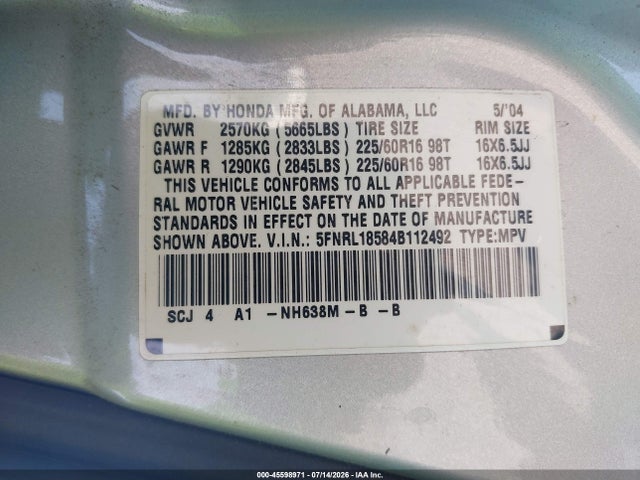 Продажа на аукционе авто 2004 Honda Odyssey Lx, vin: 5FNRL18584B112492, номер лота: 45598971