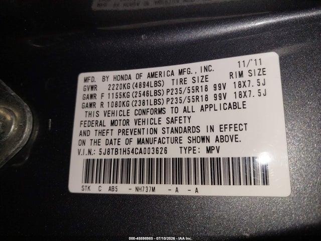 45598985 :رقم المزاد ، 5J8TB1H54CA003626 vin ، 2012 Acura Rdx مزاد بيع