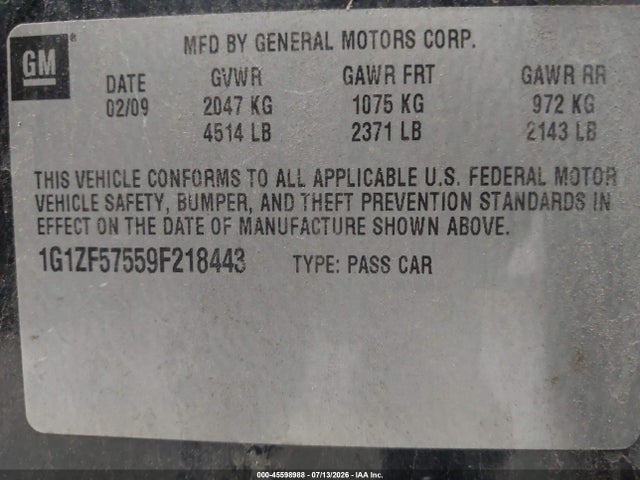 2009 Chevrolet Malibu Hybrid მანქანა იყიდება აუქციონზე, vin: 1G1ZF57559F218443, აუქციონის ნომერი: 45598988