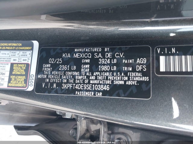 2025 Kia K4 Lxs მანქანა იყიდება აუქციონზე, vin: 3KPFT4DE9SE103846, აუქციონის ნომერი: 45598991