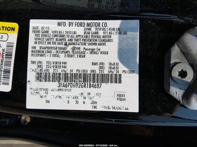 Aukcja sprzedaży 2016 Ford Fusion Se, vin: 3FA6P0H92GR184687, numer aukcji: 45599004