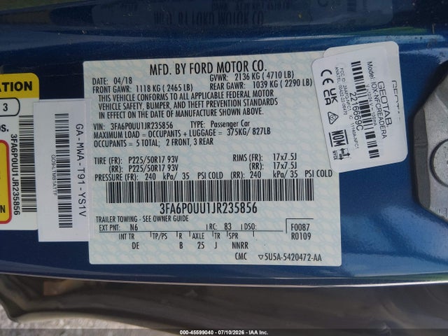 3FA6P0UU1JR235856 Ford Fusion Hybrid S