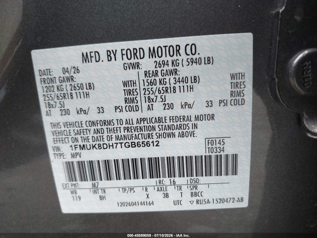 2026 Ford Explorer Active მანქანა იყიდება აუქციონზე, vin: 1FMUK8DH7TGB65612, აუქციონის ნომერი: 45599059