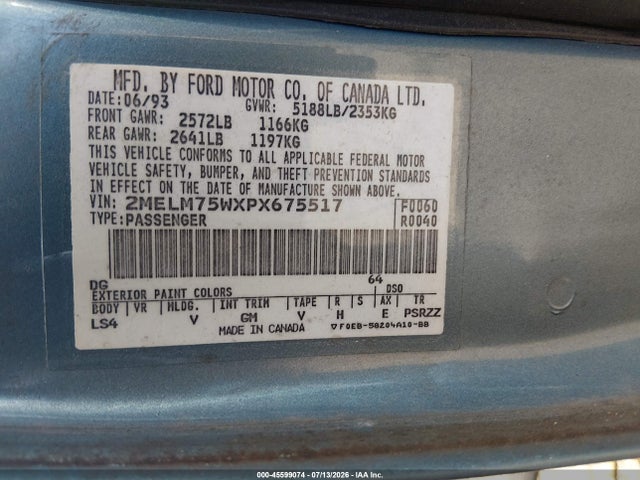 Продажа на аукционе авто 1993 Mercury Grand Marquis Ls, vin: 2MELM75WXPX675517, номер лота: 45599074