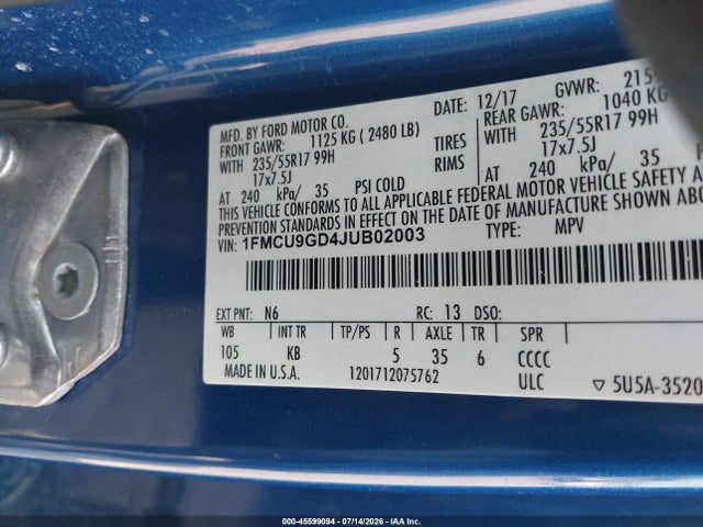 Ford ESCAPE SE 2018 1FMCU9GD4JUB02003 Image 9