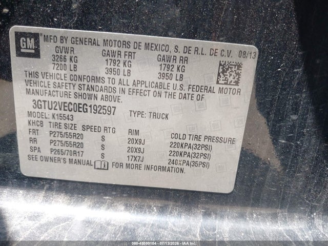 2014 Gmc Sierra 1500 Slt მანქანა იყიდება აუქციონზე, vin: 3GTU2VEC0EG192597, აუქციონის ნომერი: 45599104