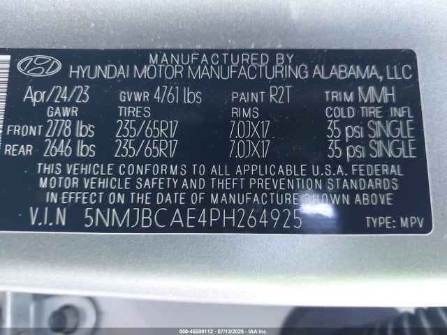 Aukcja sprzedaży 2023 Hyundai Tucson Sel, vin: 5NMJBCAE4PH264925, numer aukcji: 45599112