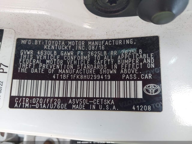 Продажа на аукционе авто 2017 Toyota Camry Se, vin: 4T1BF1FK8HU299419, номер лота: 45599116