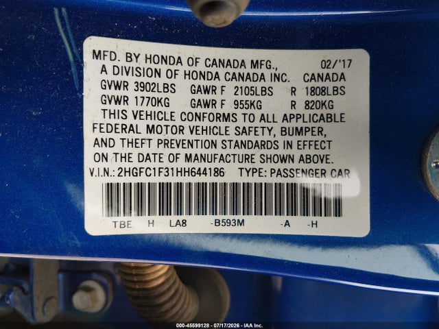 2017 Honda Civic Ex-t მანქანა იყიდება აუქციონზე, vin: 2HGFC1F31HH644186, აუქციონის ნომერი: 45599128